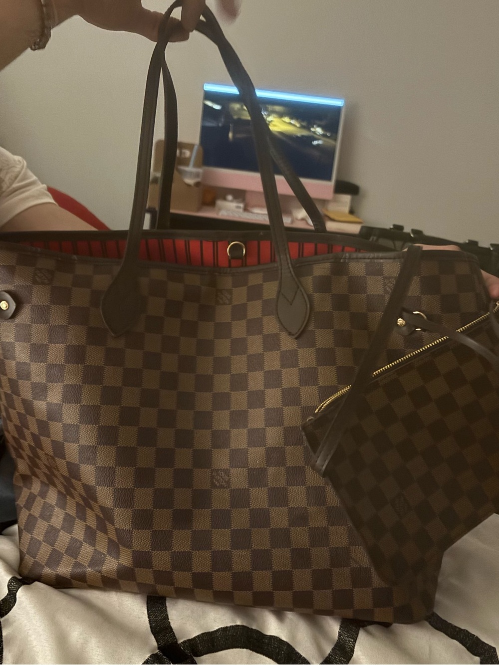 Brown Checkered Tote Bag with Red Interior. Designer inspired